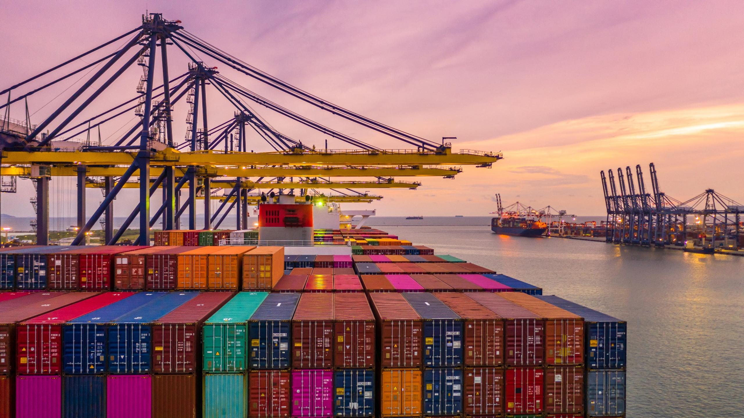 container-ship-loading-unloading-deep-sea-port-sunset-aerial-view-business-logistic-import-export